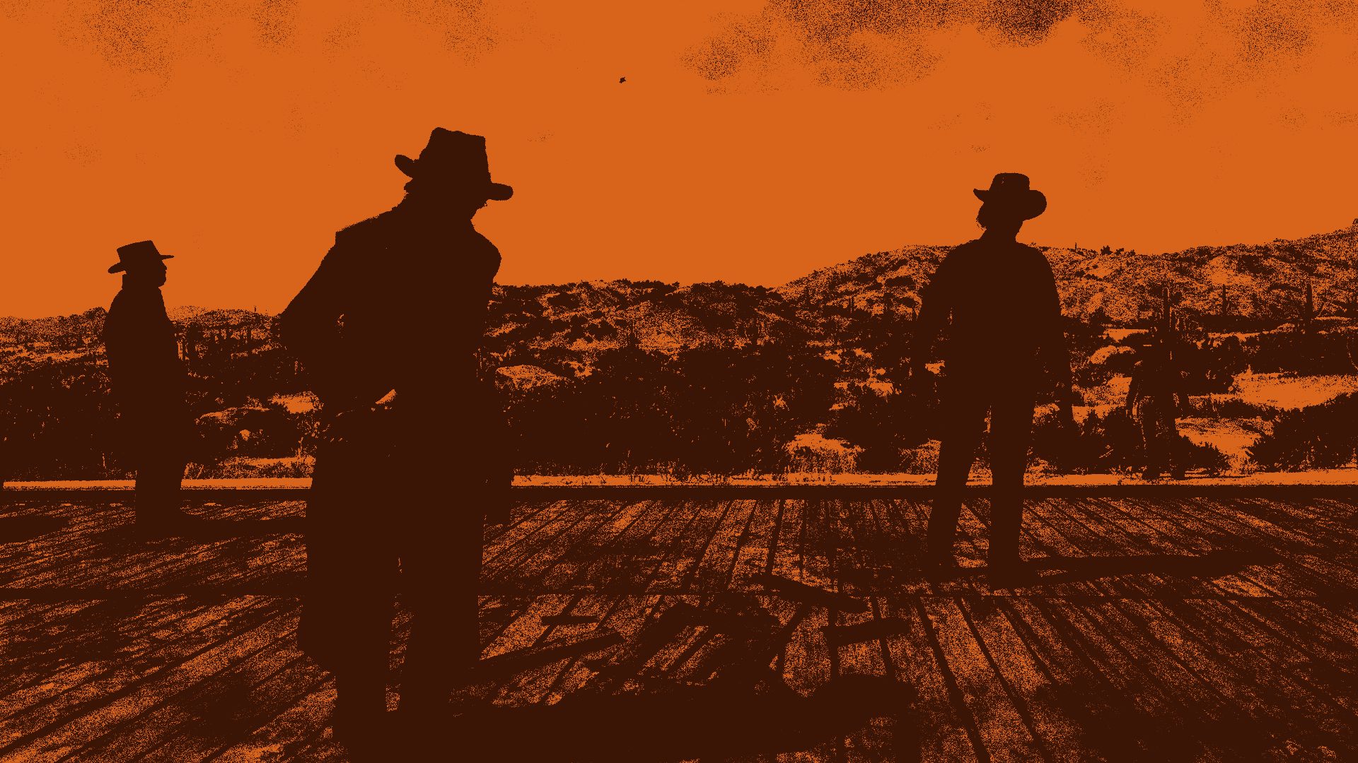 Figures on a frontier boardwalk in burnt orange