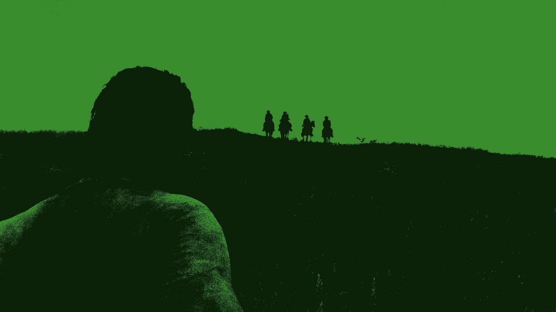 Riders crossing a green ridge