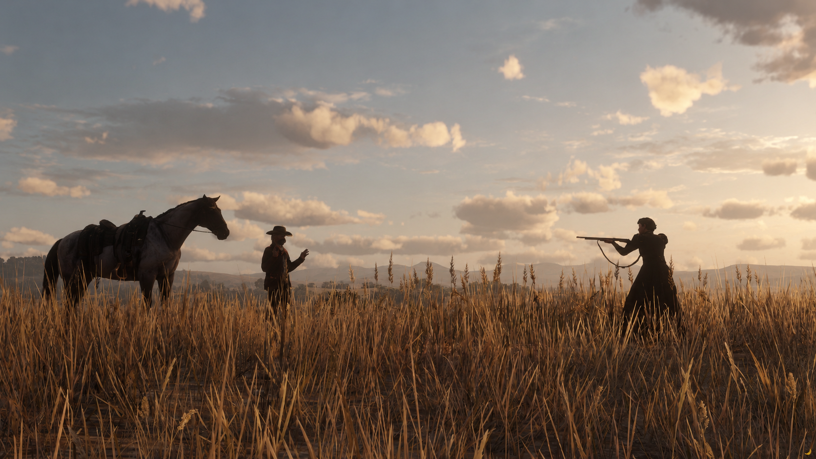 A rifleman faces a man and his horse across tall prairie grass in Versailles